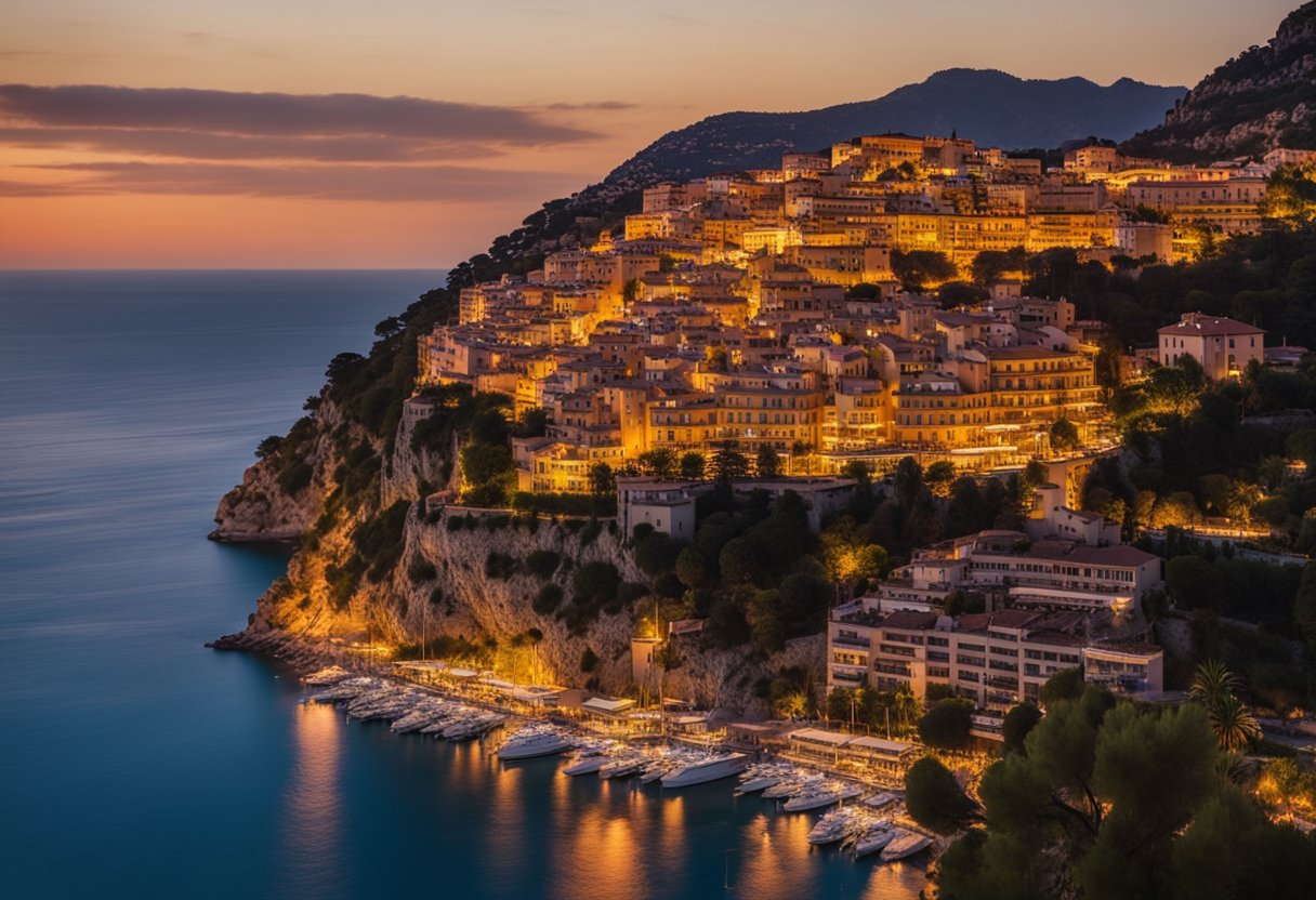 The sun sets over the azure waters of the French Riviera, casting a golden glow on the iconic filming locations, from the cliffs of Eze to the luxurious casinos of Monaco