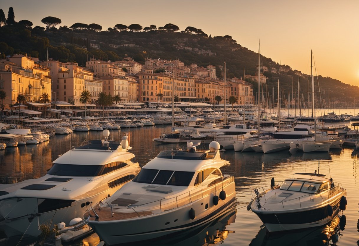 The sun sets over the sparkling blue waters of the French Riviera, with luxurious yachts and palm trees lining the coastline. A glamorous and opulent atmosphere permeates the scene, evoking the timeless allure of the Riviera captured in classic films