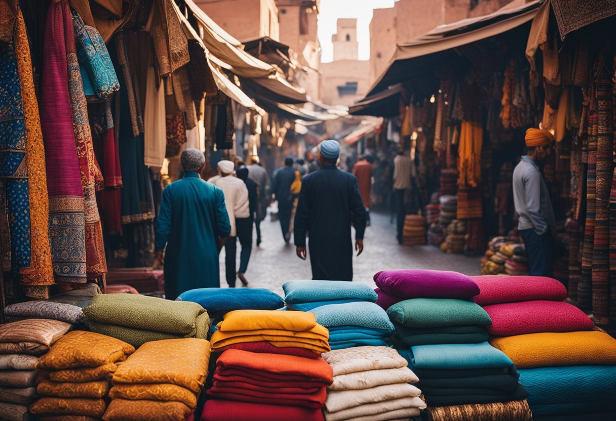 The bustling souks of Marrakech overflow with vibrant colors, intricate textiles, and skilled artisans practicing traditional crafts