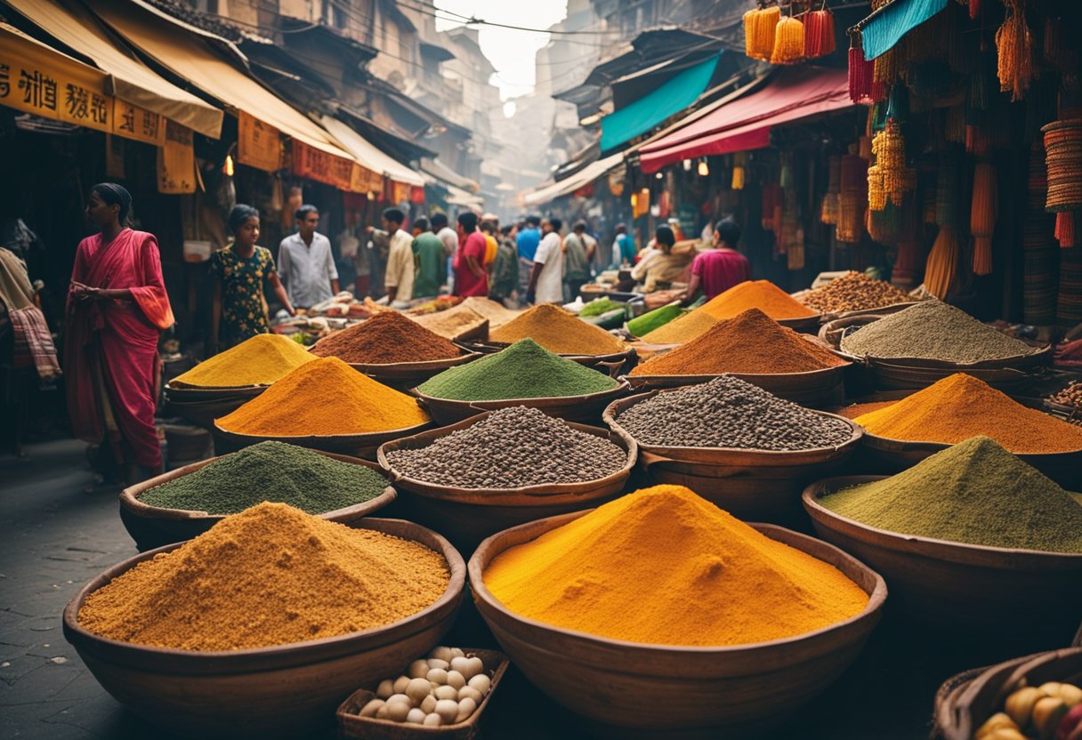 Colorful stalls line narrow alleys, bustling with locals and tourists. Exotic goods, from spices to textiles, fill the air with vibrant scents and sights