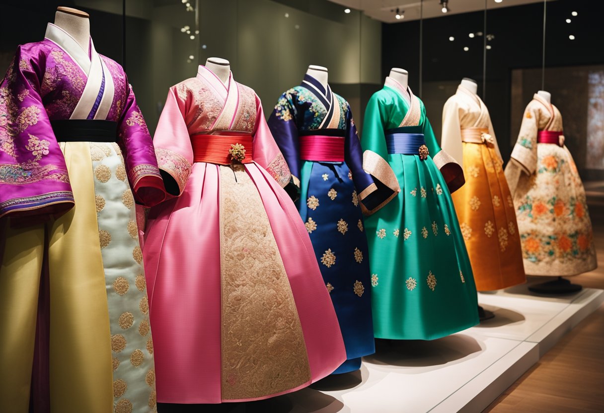 Korean Hanbok: Vibrant hanbok garments displayed in a museum, showcasing the intricate embroidery and luxurious silk fabrics