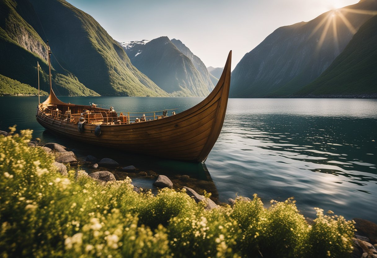 The Fjords of Norway: The fjord water sparkles under the golden sunlight, surrounded by towering cliffs and lush greenery. A traditional Viking ship sails through the calm waters, showcasing the natural beauty and historical significance of the Norwegian fjords