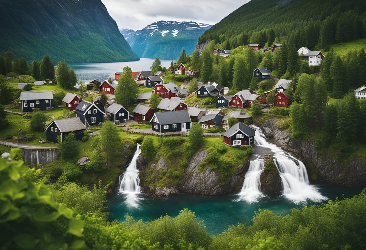 The Fjords of Norway: A picturesque Norwegian village nestled among the majestic fjords, with traditional wooden houses, surrounded by lush greenery and cascading waterfalls