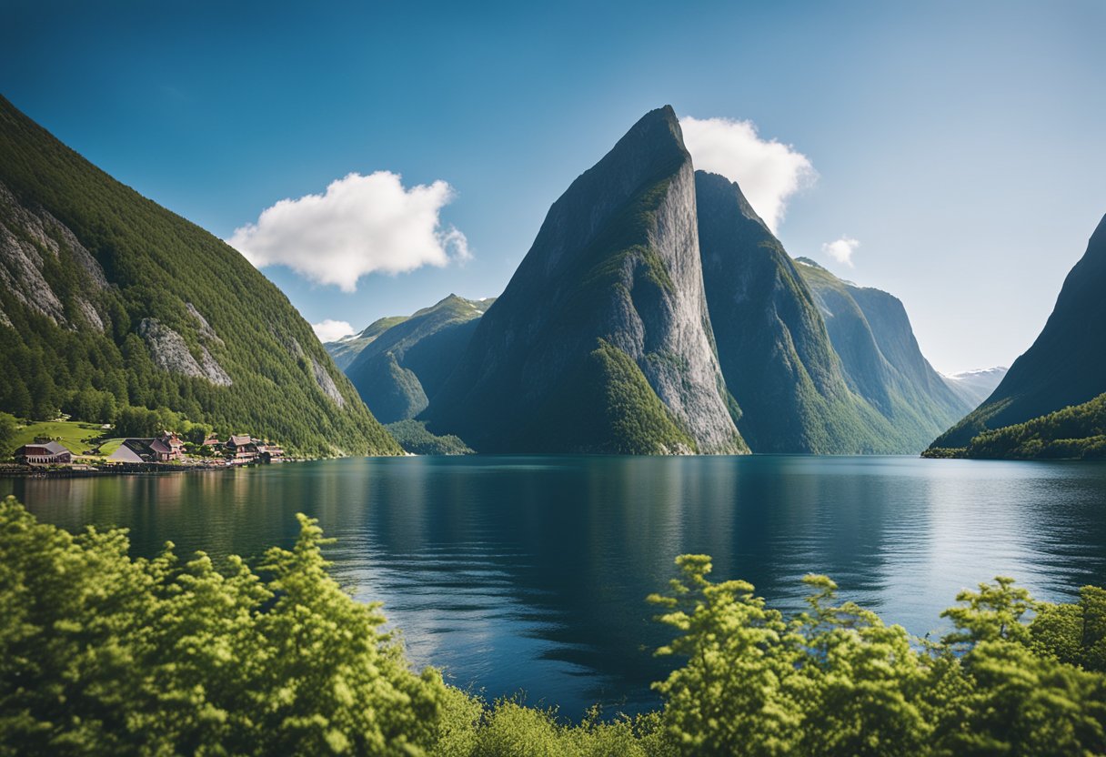 The fjords of Norway stretch out beneath a clear blue sky, with towering cliffs and lush greenery lining the water's edge. A Viking ship sails peacefully through the calm waters, highlighting the natural beauty and historical significance of the region