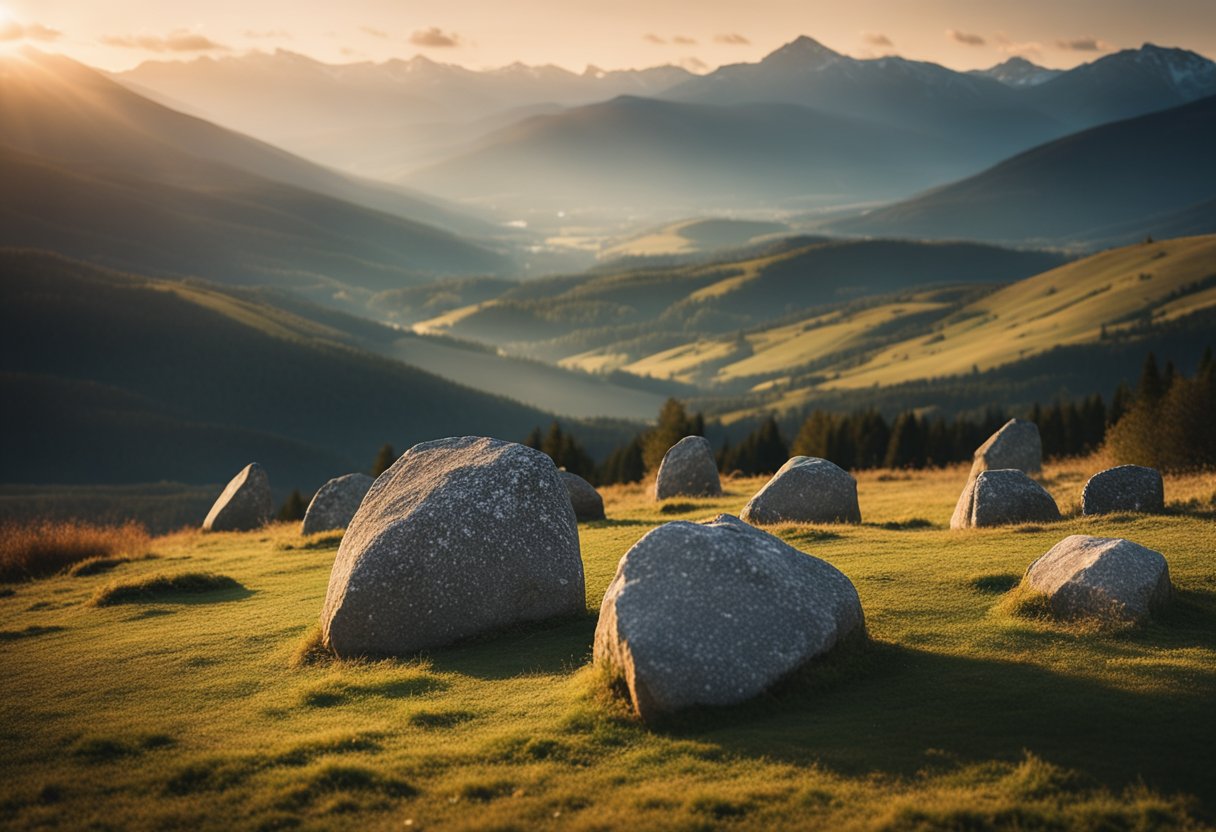 Ancient Astronomy: A stone circle aligns with the rising sun as mountains loom in the distance