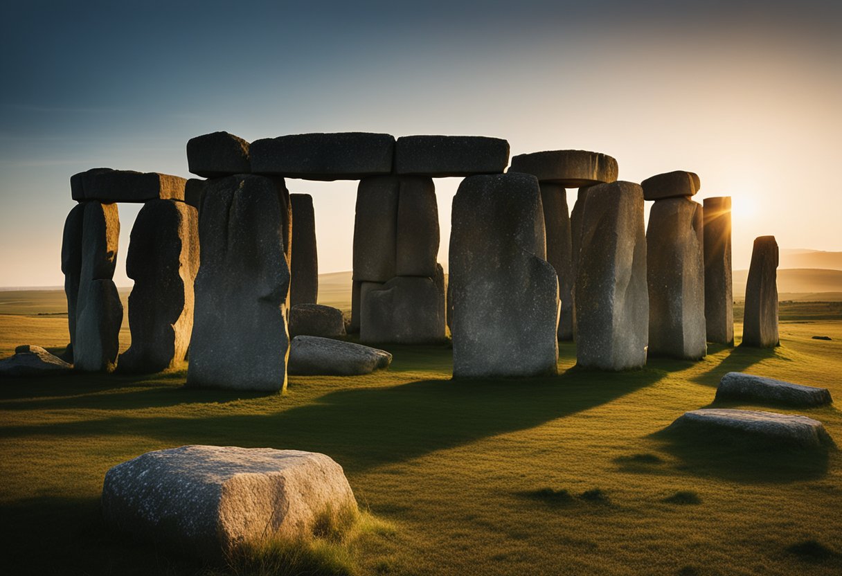 Ancient Astronomy: The sun sets behind Stonehenge, casting long shadows on the ancient stones. The stars begin to emerge in the darkening sky, aligning with the celestial markers of the Neolithic monument