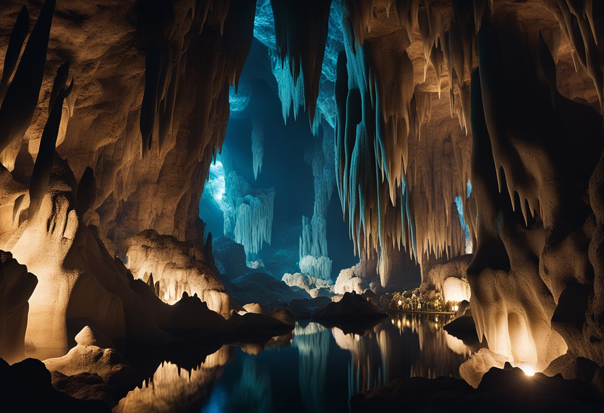 A network of dark, twisting caverns, with stalactites and stalagmites creating an otherworldly landscape. The caves are illuminated by the soft glow of bioluminescent organisms, casting an eerie and mysterious atmosphere