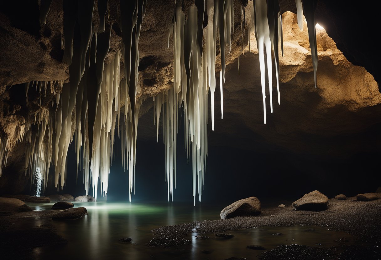 Dripping stalactites hang from the cave ceiling, casting eerie shadows on the rocky walls. A small stream trickles through the darkness, reflecting the dim light that filters in from the entrance