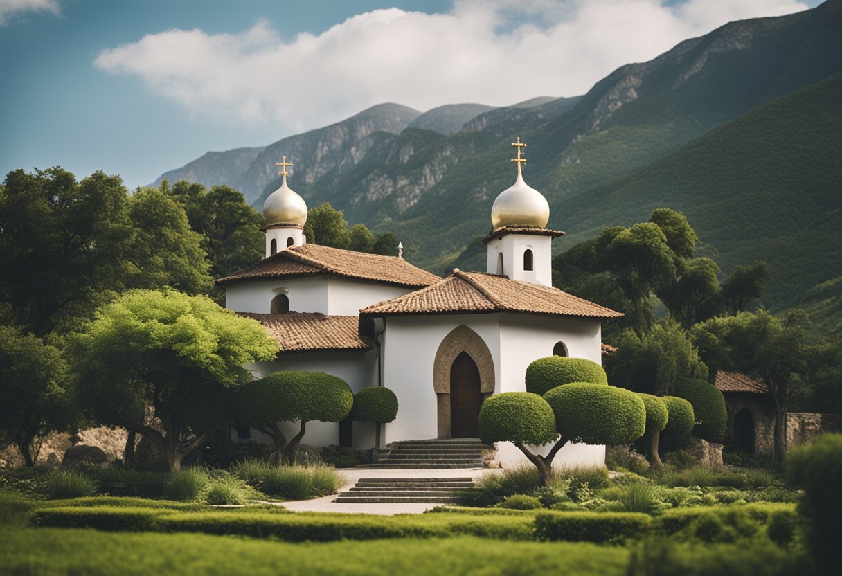 A peaceful monastery nestled in a serene landscape, with a simple stone chapel and lush gardens, offering a tranquil refuge for modern seekers