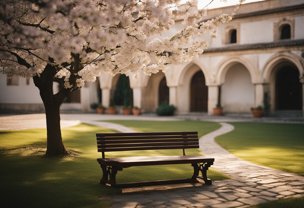 A tranquil monastery courtyard bathed in soft light, with a lone bench nestled under a blossoming tree, offering a serene space for contemplation and personal growth