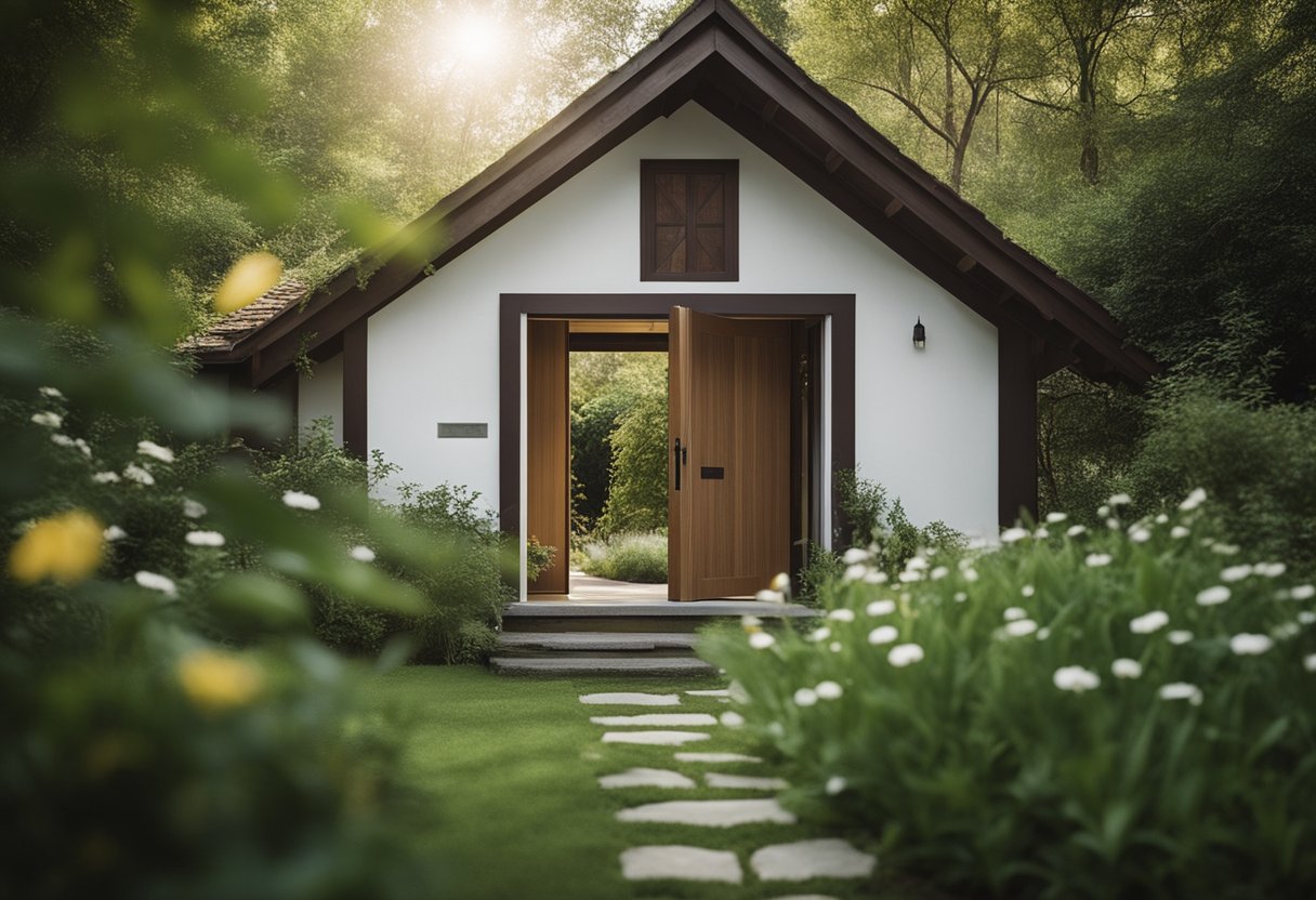 A peaceful monastic retreat nestled in nature, with a serene garden and a welcoming, open door symbolizing inclusivity and modern seekers finding solace