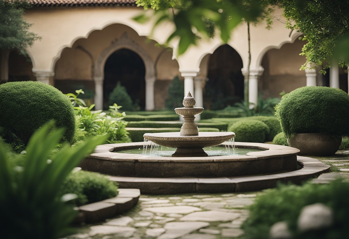A serene monastery courtyard, with a bubbling fountain surrounded by lush greenery. A stone path leads to a peaceful meditation garden, where a solitary bench invites contemplation