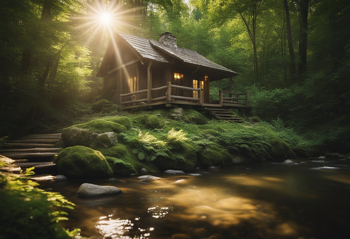 A tranquil forest clearing, sunlight filtering through the trees, a small stone cabin nestled among the greenery. Birdsong fills the air, and a gentle stream flows nearby, creating a peaceful and serene atmosphere