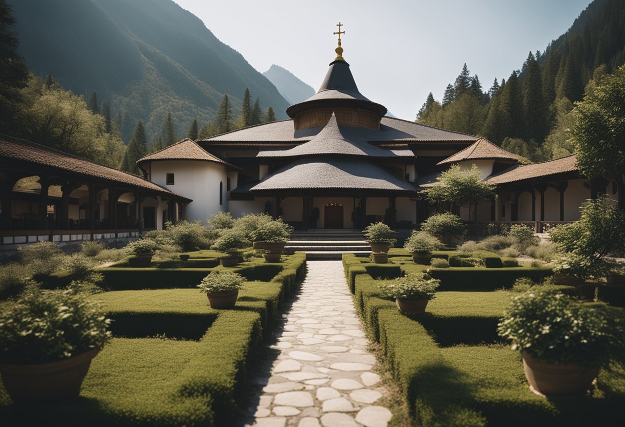 A tranquil monastery nestled in a serene natural setting, with simple yet comfortable accommodations and peaceful outdoor spaces for reflection and meditation
