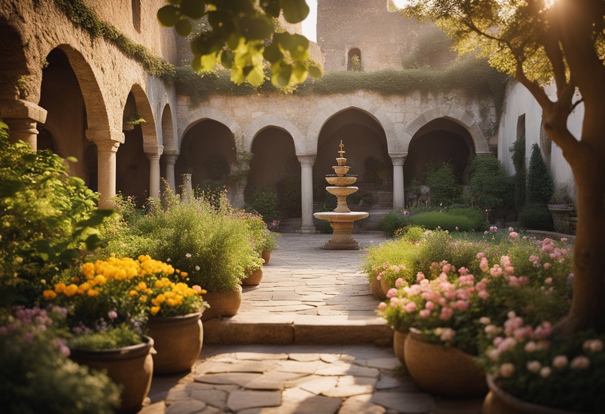 A serene monastery courtyard bathed in golden sunlight, with ancient stone walls and a tranquil garden filled with colorful flowers and lush greenery