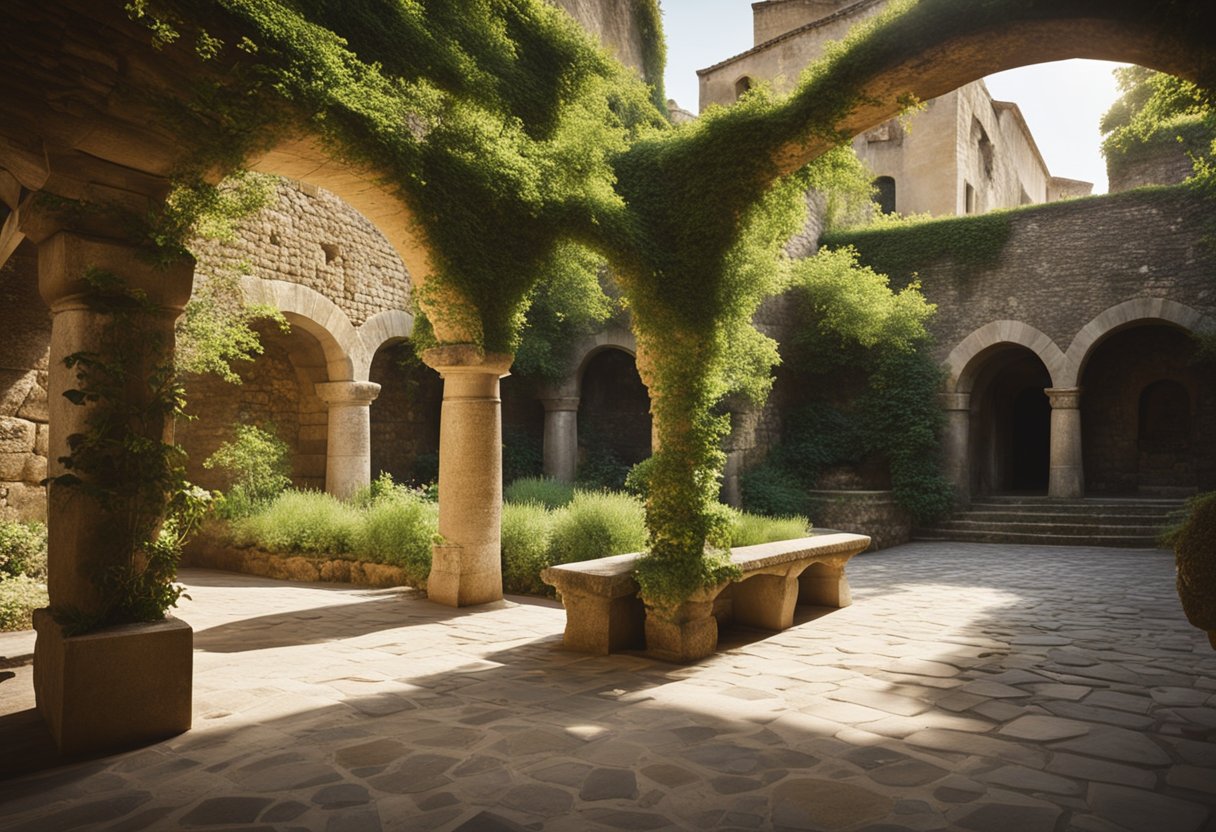 A serene, sunlit courtyard surrounded by ancient stone walls and lush greenery. A peaceful atmosphere permeates the space, inviting contemplation and spiritual reflection