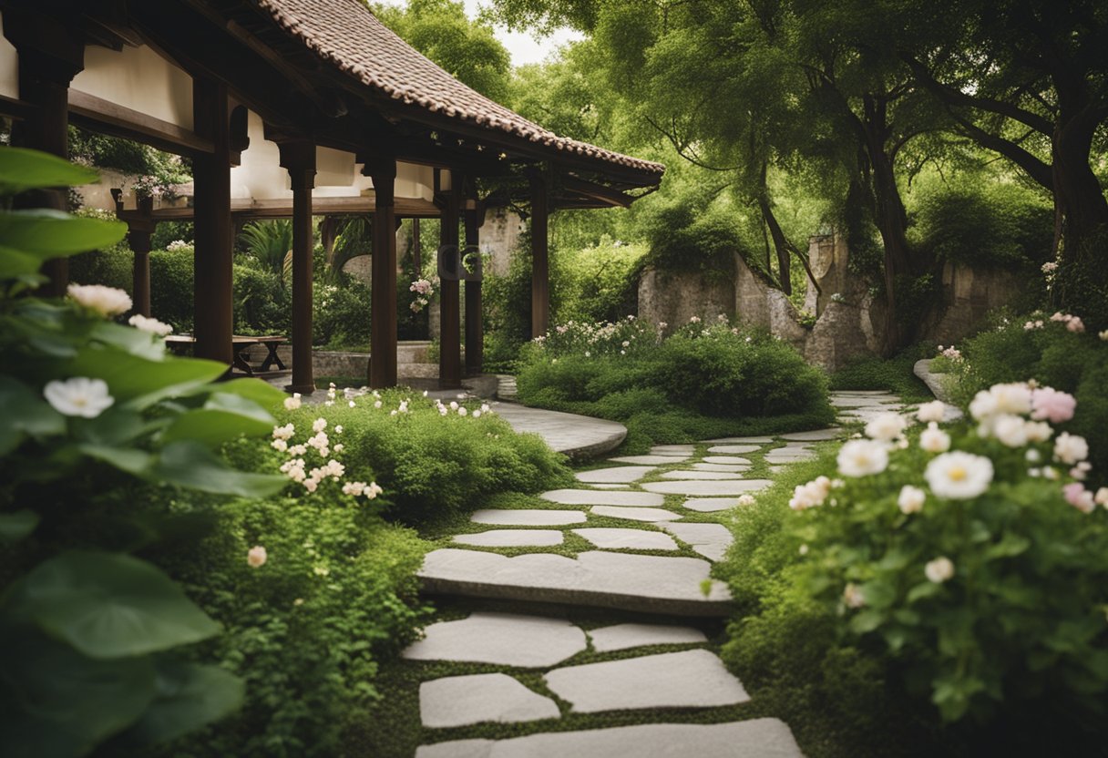 A peaceful monastery courtyard with a winding path, surrounded by lush greenery and blooming flowers. A small chapel sits at the center, exuding a sense of tranquility and spiritual connection
