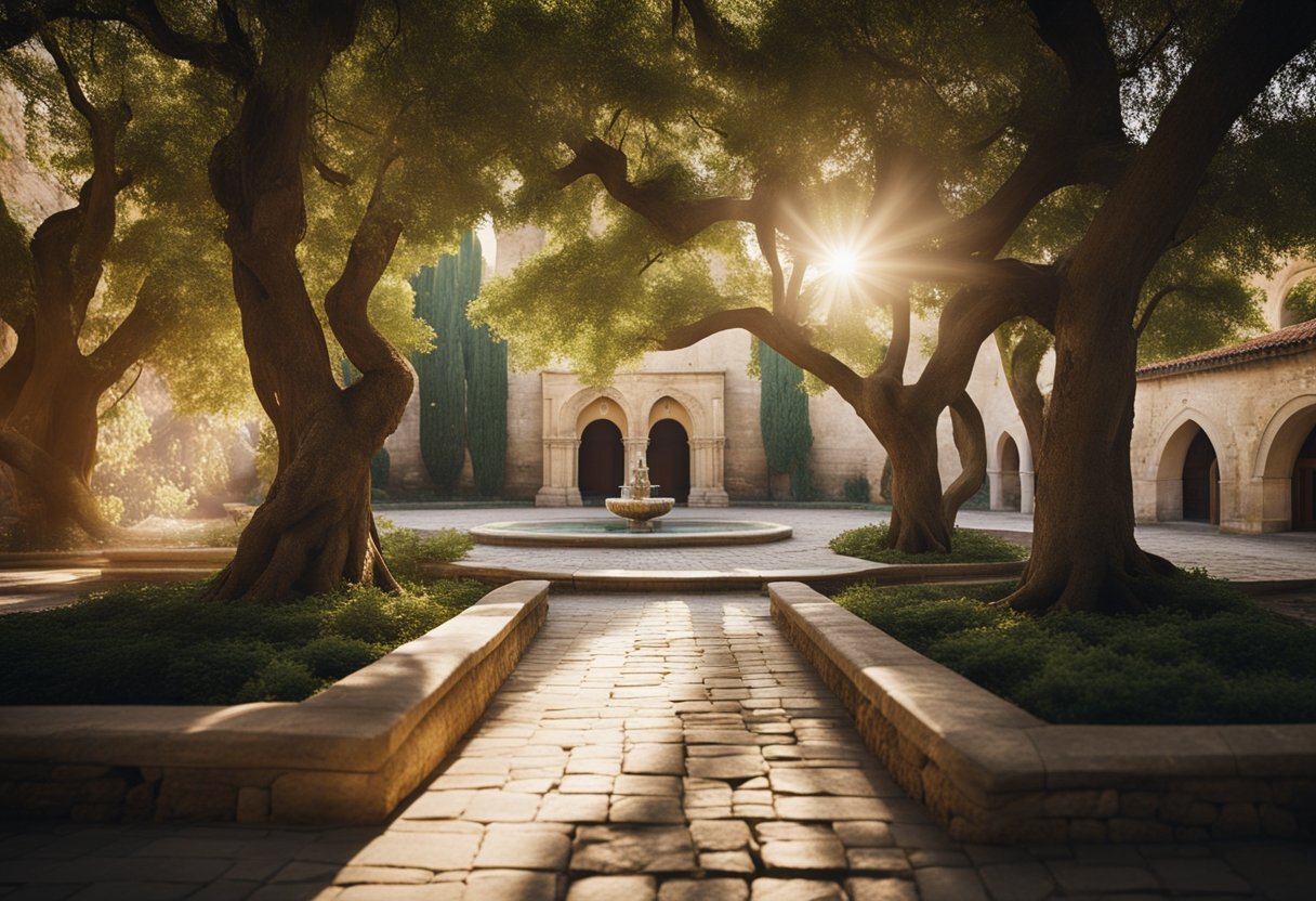 Sunlight filters through ancient trees onto peaceful monastery courtyard. Stone pathways wind past tranquil gardens and ornate fountains. A sense of sacred solitude pervades the serene atmosphere