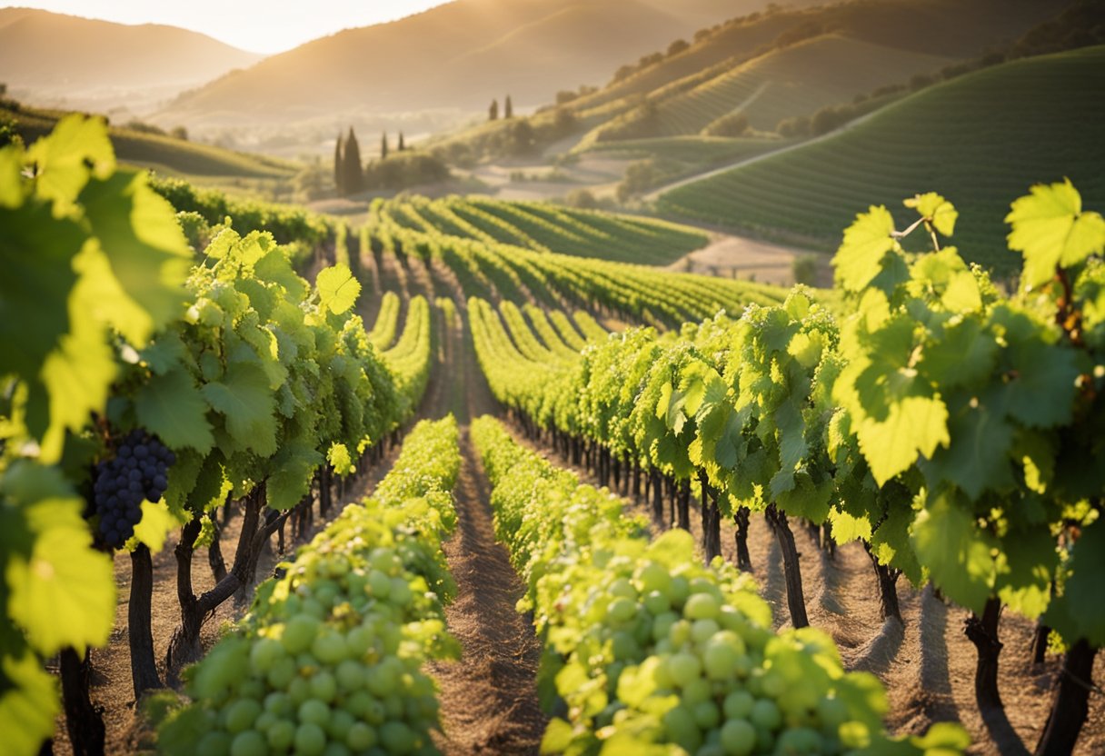 Lush vineyards sprawl across rolling hills, with rows of grapevines stretching into the distance. The sun casts a warm glow on the vibrant green leaves, and a gentle breeze carries the sweet scent of ripening grapes