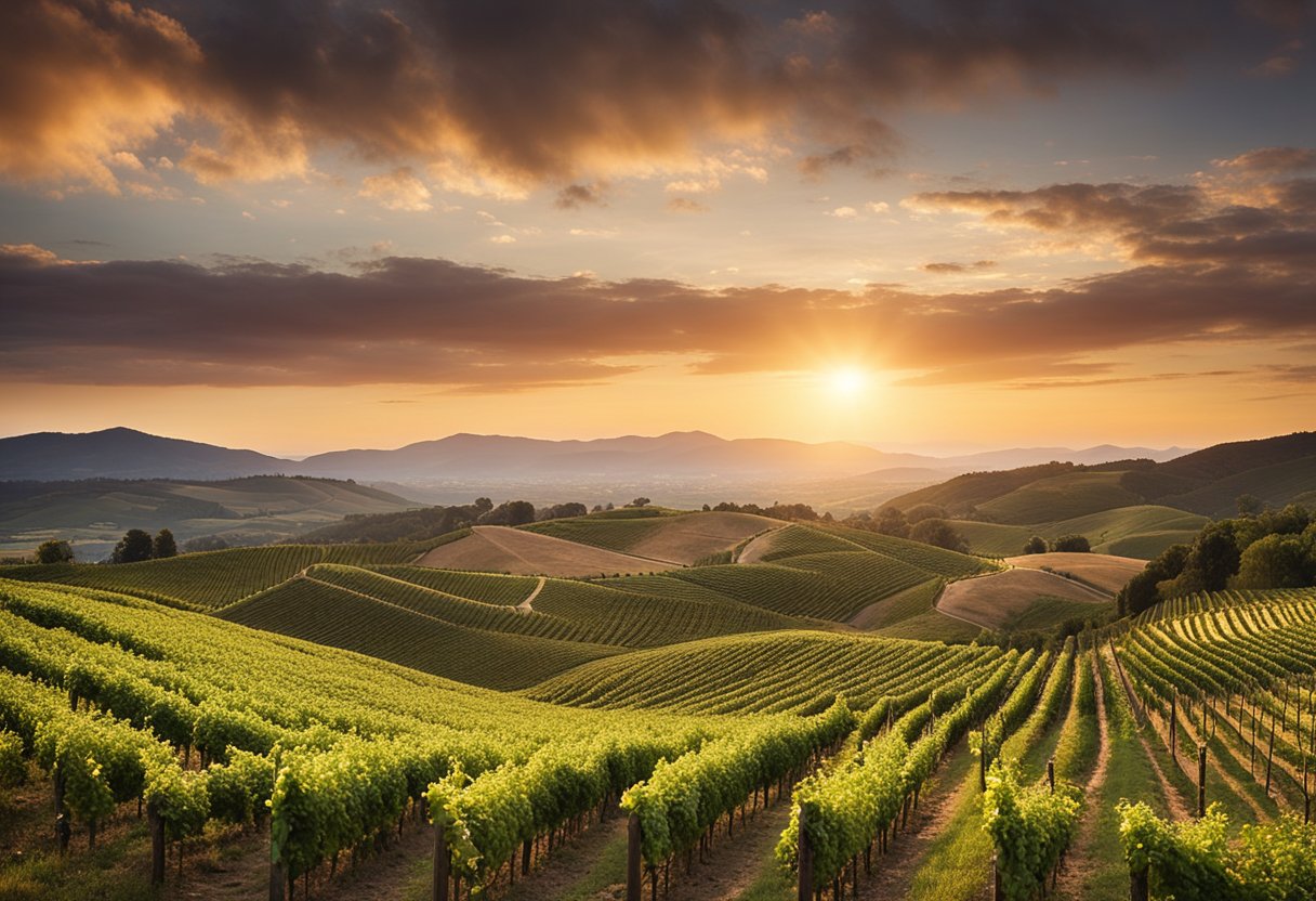 Vineyards stretch across rolling hills, with rows of grapevines extending into the distance. The sun sets behind the mountains, casting a warm glow over the lush landscape