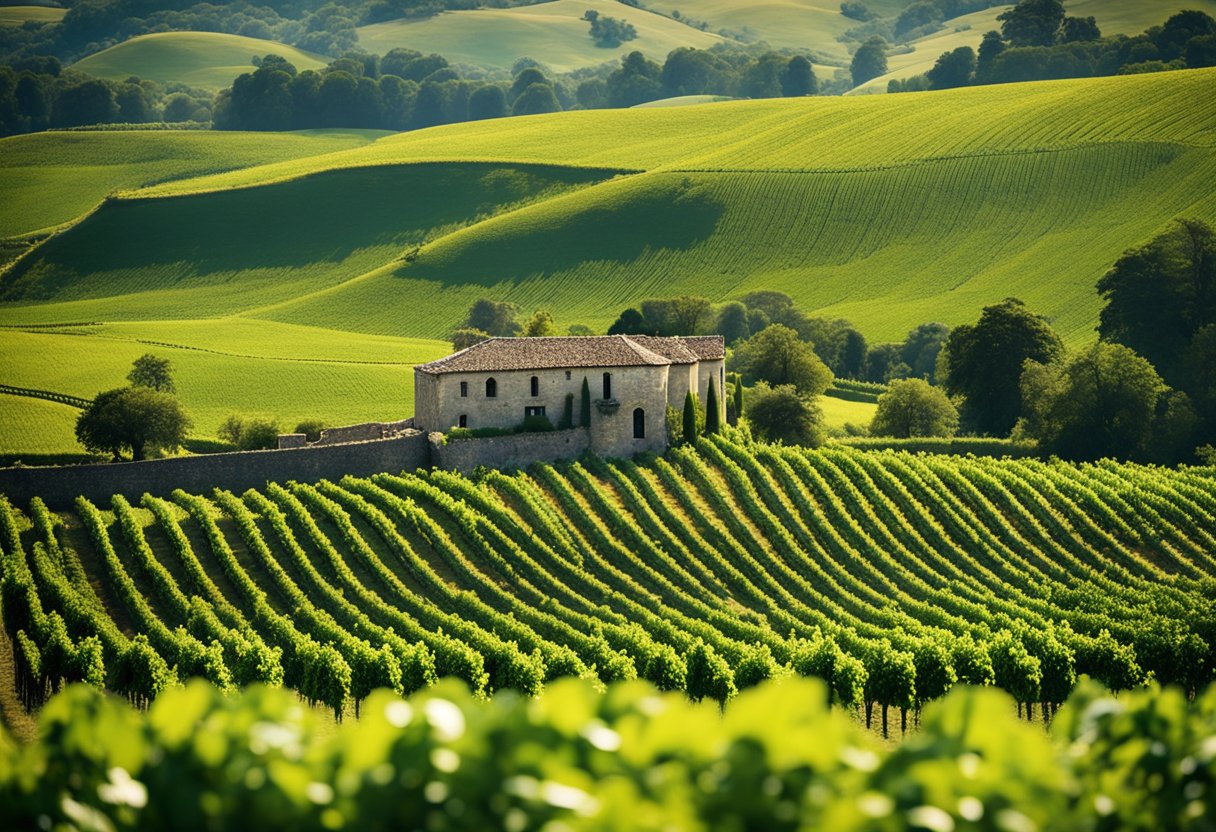 Rolling hills of lush green vineyards stretch out under the golden sun, with quaint stone buildings nestled among the vines. A river winds through the landscape, reflecting the clear blue sky above