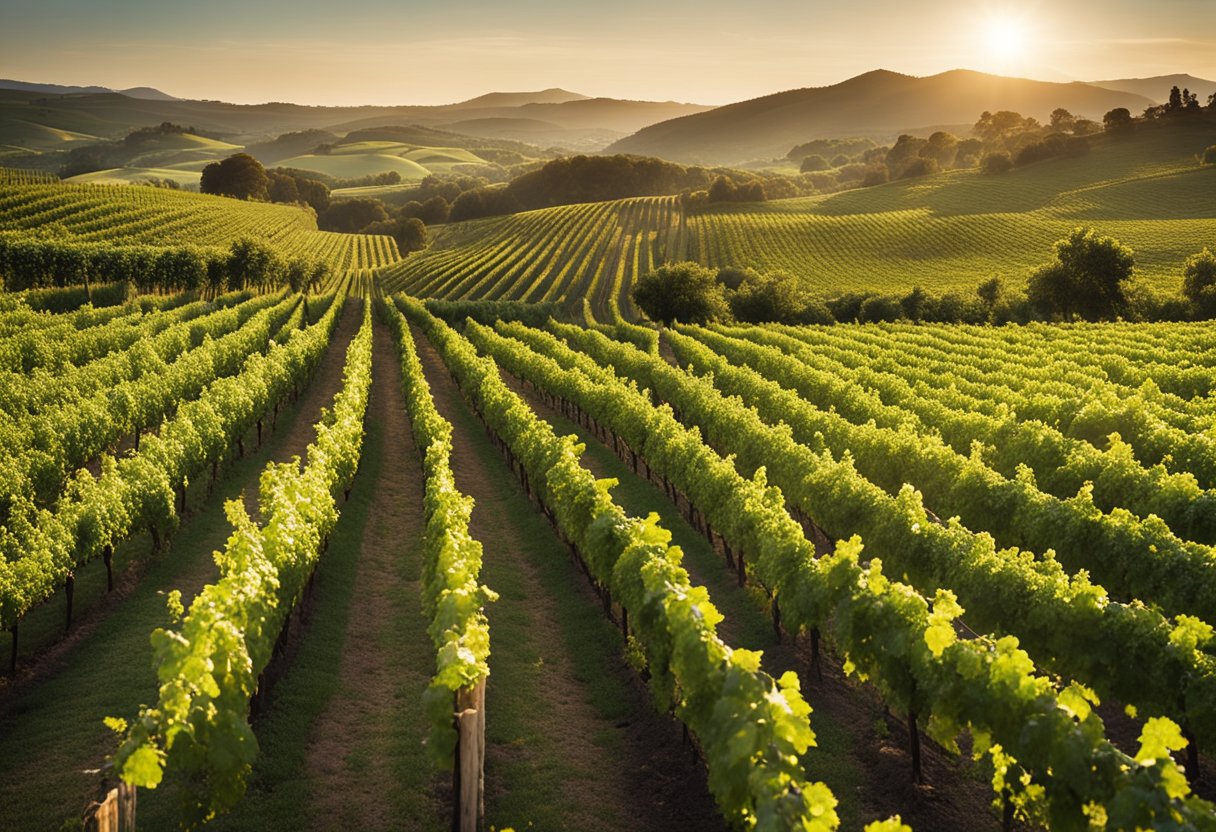 Rolling hills of lush green vineyards stretch as far as the eye can see, with rows of grapevines reaching towards the horizon. The sun casts a warm glow over the landscape, highlighting the rich history and tradition of winemaking in N