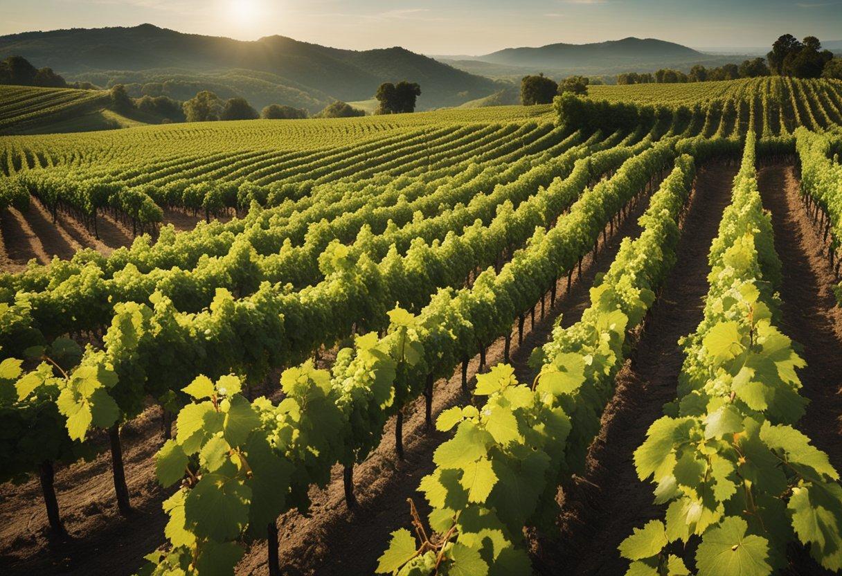 Lush vineyards sprawl under a golden sun, rows of grapevines reaching towards the sky. A gentle breeze carries the earthy scent of the soil, while workers tend to the vines with care