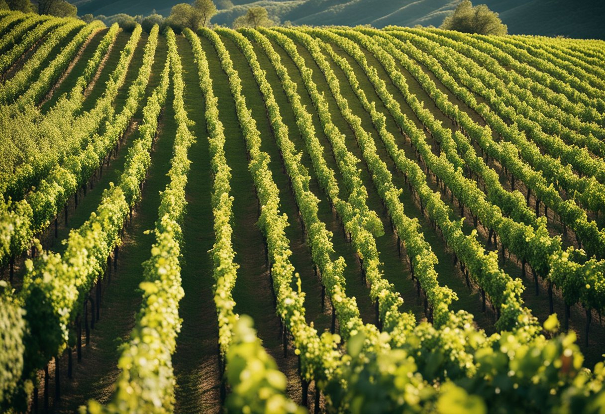 Lush green vineyards stretch across rolling hills, basking in the warm sunlight. Grapes of various colors and sizes hang from the vines, ready to be harvested. The picturesque landscape showcases the influence of the wine industry in Napa and Bordeaux