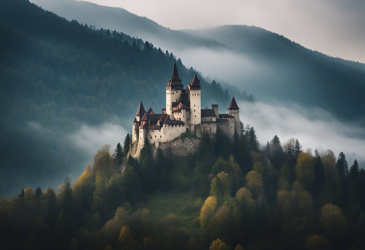 The Legend of Dracula in Romania: A desolate castle looms over a misty Transylvanian landscape, surrounded by dark forests and jagged mountains, evoking the haunting legend of Vlad the Impaler and the myth of Dracula