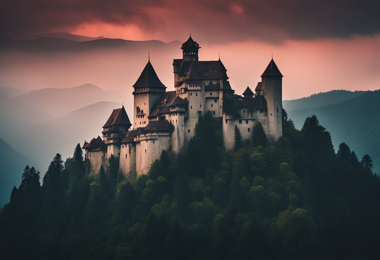 The Legend of Dracula in Romania: A dark castle stands against a blood-red sky, surrounded by misty mountains and ancient forests. Tourists gather below, eager to explore the legend of Dracula in Romania