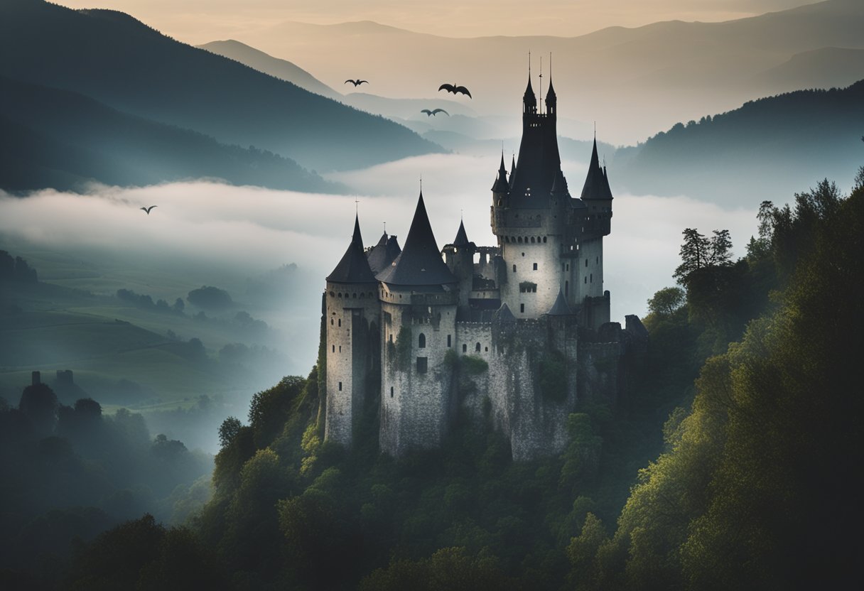 The Legend of Dracula in Romania: A dark castle looms over a misty Romanian landscape. Bats fly overhead as tourists explore the haunting ruins