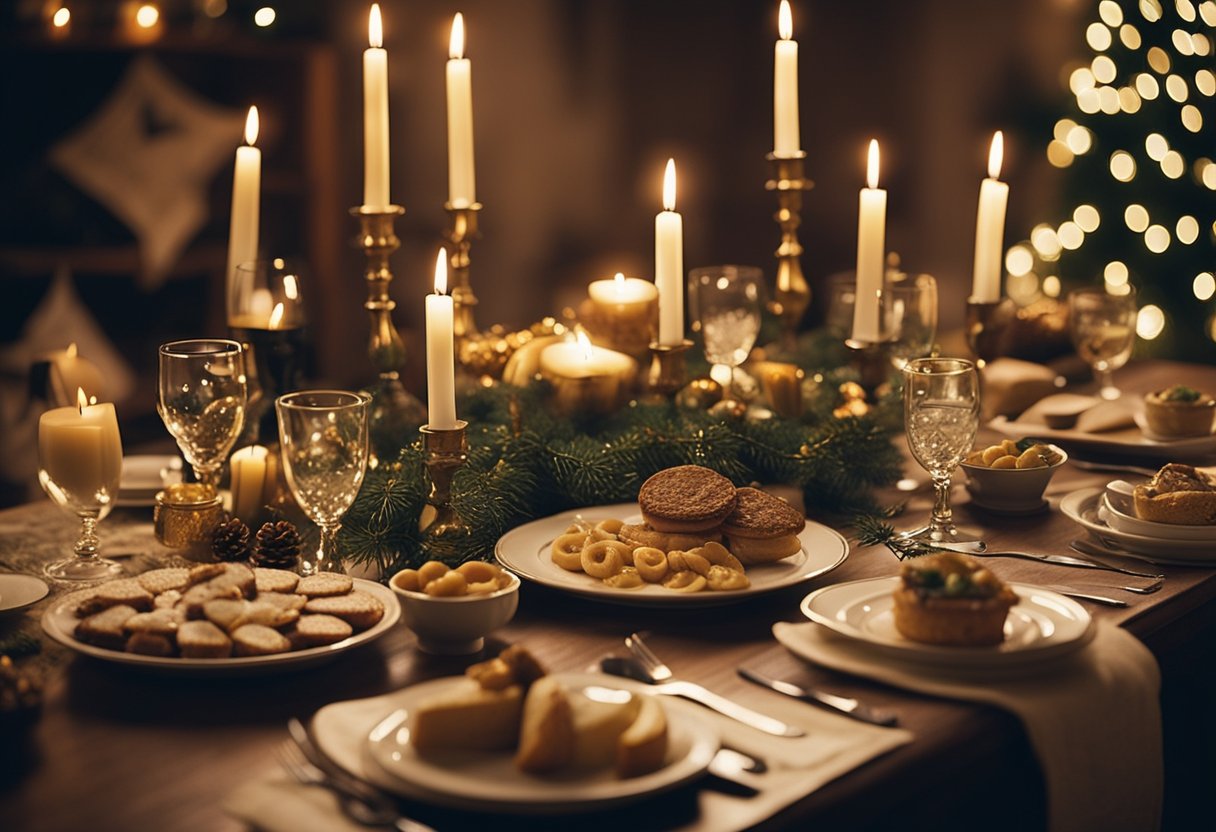 A festive table set with traditional Irish Christmas decorations and food, surrounded by family members engaging in ancient holiday customs