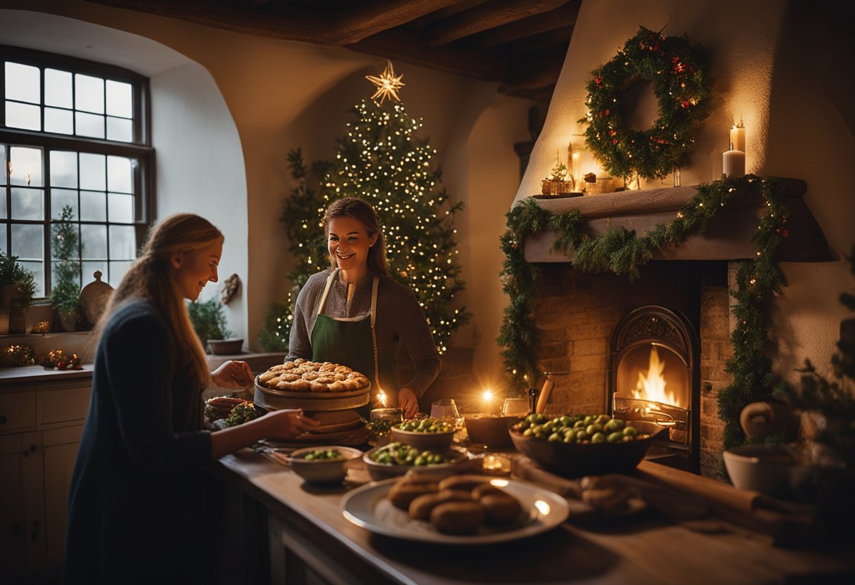 A cozy Irish cottage adorned with holly and mistletoe. Women gather to bake traditional Christmas treats and decorate the home with handmade ornaments. A warm fire crackles in the hearth as they prepare for the festive celebrations