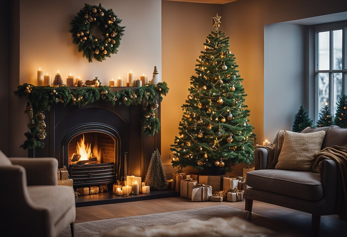 A cozy Irish home with a glowing fireplace, adorned with traditional Celtic decorations and a beautifully decorated Christmas tree