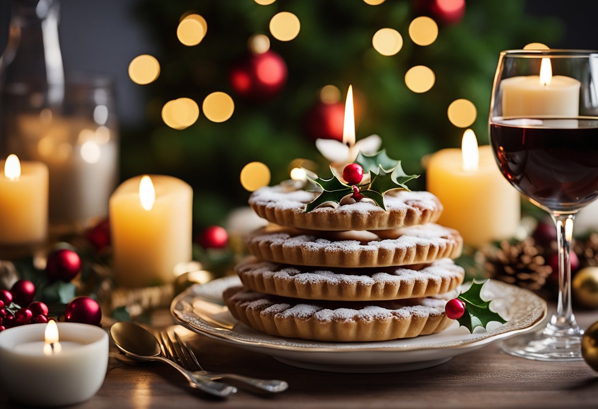A decorated Christmas tree surrounded by candles, holly, and mistletoe. A table set with traditional Irish foods like mince pies and plum pudding. A family exchanging gifts and sharing stories by the warm hearth