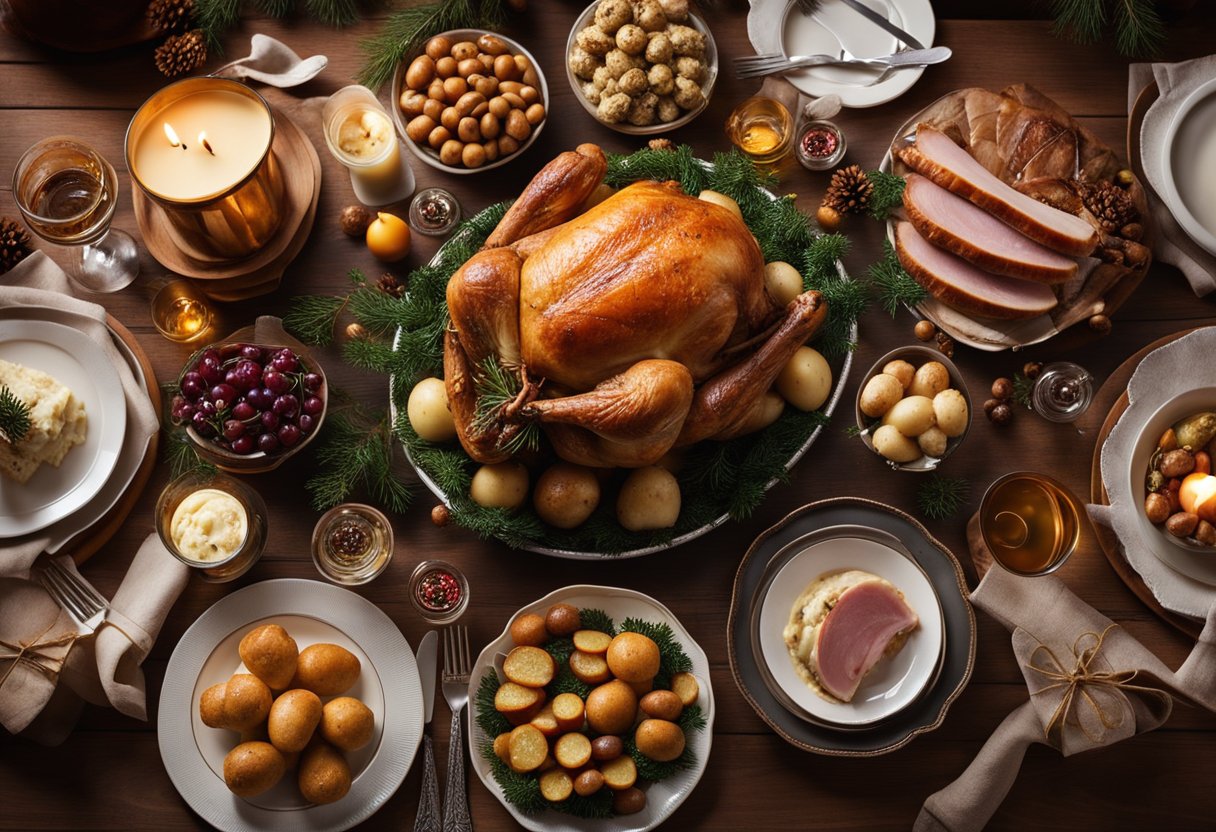 A table adorned with a spread of traditional Irish Christmas foods, including roast turkey, ham, potatoes, and pudding. Festive decorations and candles create a warm and inviting atmosphere