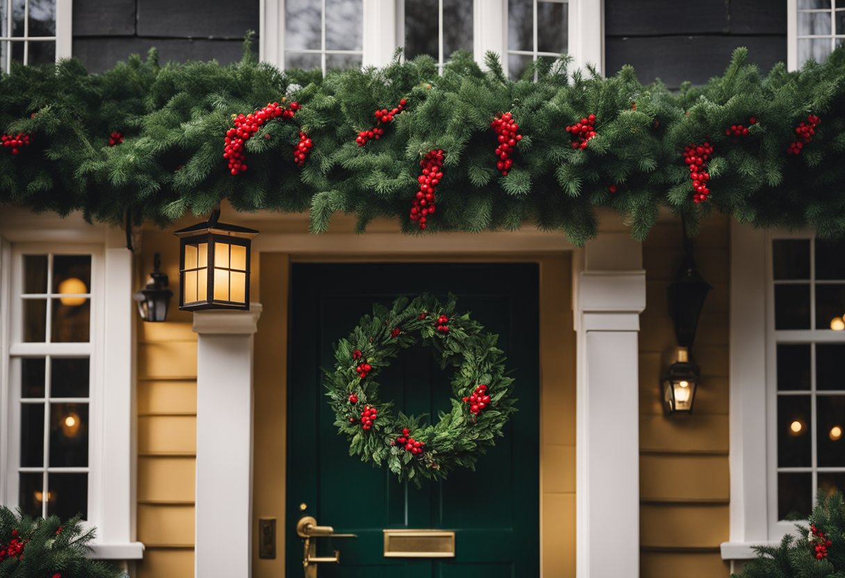 A cozy Irish cottage adorned with holly, mistletoe, and a brightly lit candle in the window. A wreath of evergreen and red berries hangs on the door, symbolizing eternal life and the blood of Christ
