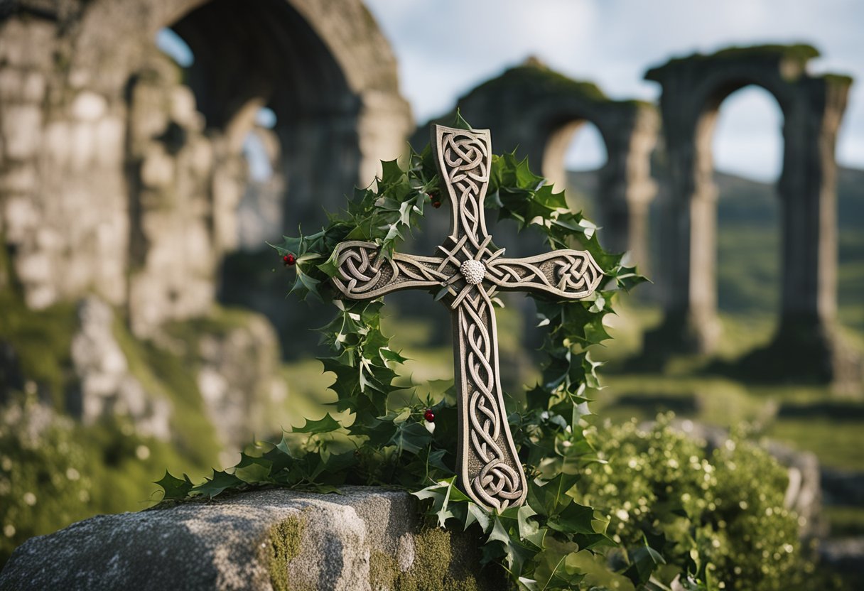 A Celtic cross adorned with holly and mistletoe stands against a backdrop of ancient stone ruins, symbolizing the spiritual significance of Irish Christmas traditions