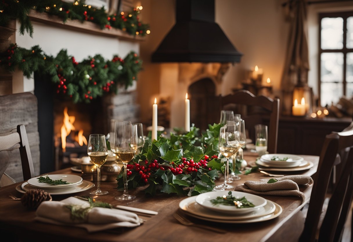 A cozy cottage adorned with holly and mistletoe, a glowing hearth, and a table set with a feast of traditional Irish Christmas fare