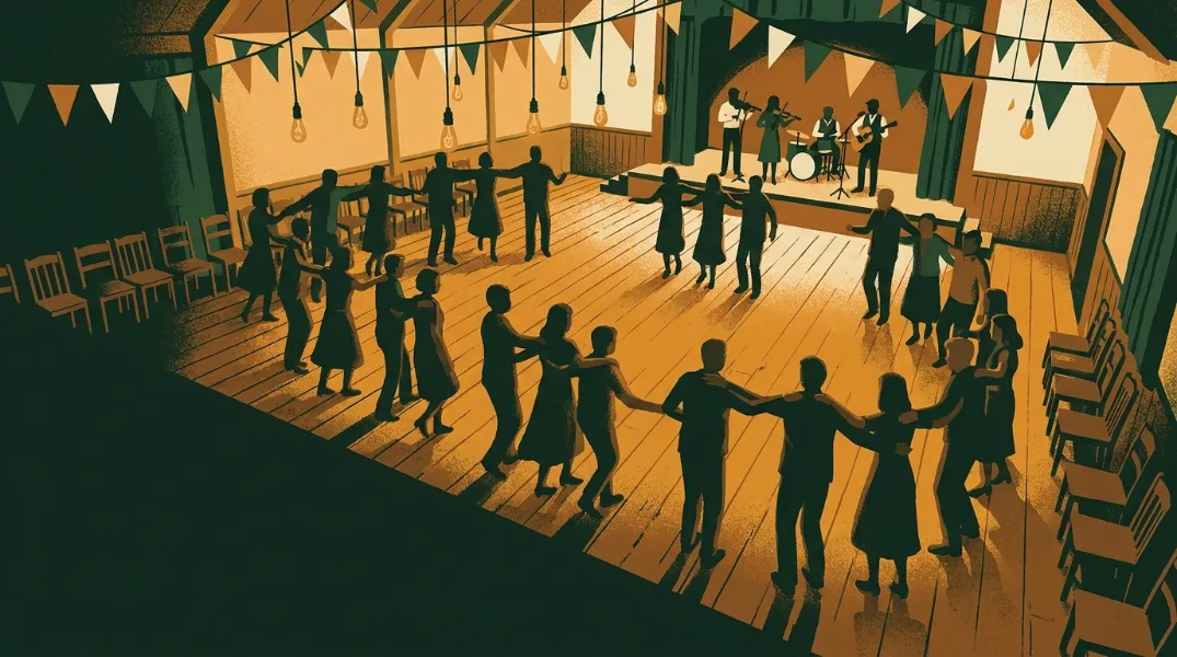 Illustration of a village hall ceilidh with dancers in formation and a four-piece band