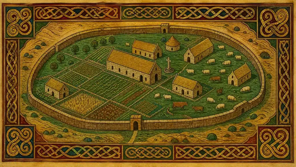An illustrated medieval monastery, inspired by Irish Monasticism, is enclosed by a stone wall, containing churches, houses, gardens, animals, and trees, with a decorative Celtic border surrounding the scene.