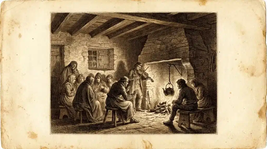 Engraving-style illustration of a kitchen ceilidh, neighbours gathered around a turf fire with a fiddler