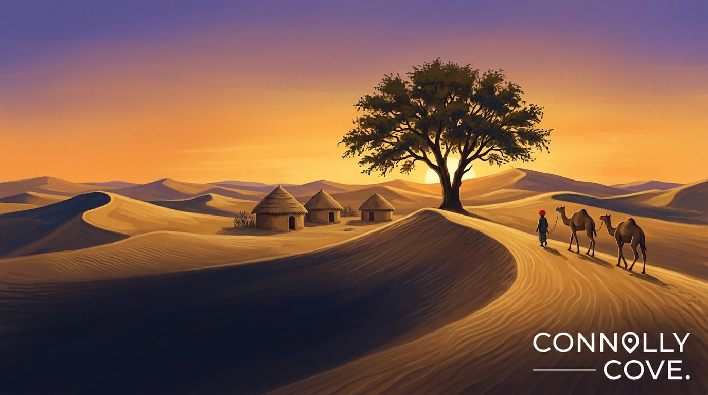 A person leads two camels across the Thar Desert’s sand dunes at sunset, passing traditional huts and a large tree, with Connolly Cove text in the bottom right corner.