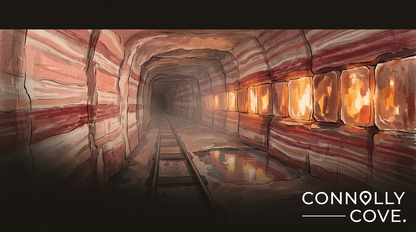 An illustration of a tunnel with striped rock walls, evoking the look of Himalayan Salt Mines, lit by glowing lamps on the right side and a puddle beside railway tracks. Connolly Cove is written in the bottom right corner.