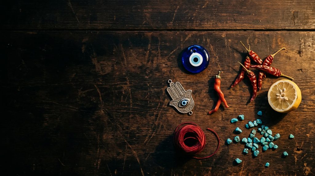 Charms, dried chilli peppers, a lemon half, red string, blue beads, and an evil eye amulet—believed in the Evil Eye Myth—are arranged on a rustic dark wooden surface. This display evokes ancient Egyptian traditions and the protective power of the nazar.