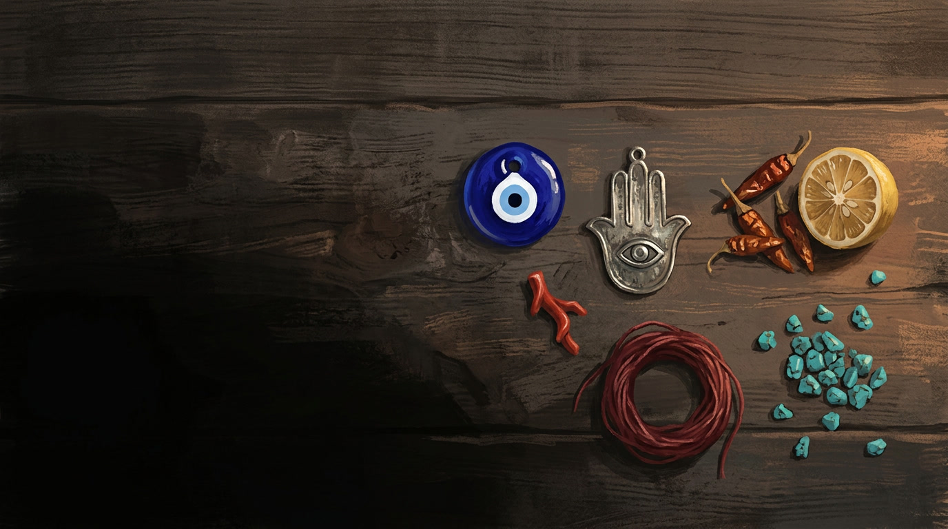 A wooden surface with an evil eye charm, hamsa hand, sliced lemon with chilli peppers, red coral, red string, and small turquoise stones arranged neatly on the right side—evoking symbols deeply rooted in Egypt and ancient Evil Eye Myth for protection against envy.