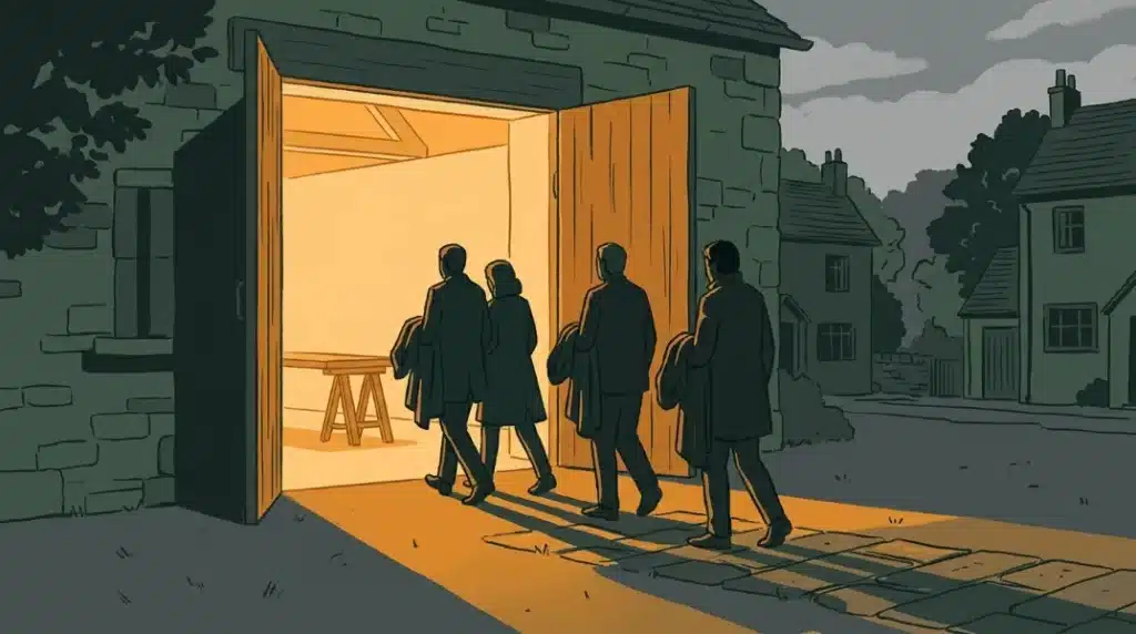 Illustration of a lit rural Irish parish hall at dusk, the kind of venue where ceilidhs are held