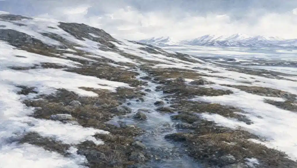 Watercolour illustration of a thawing Arctic hillside showing the effects of a warming climate