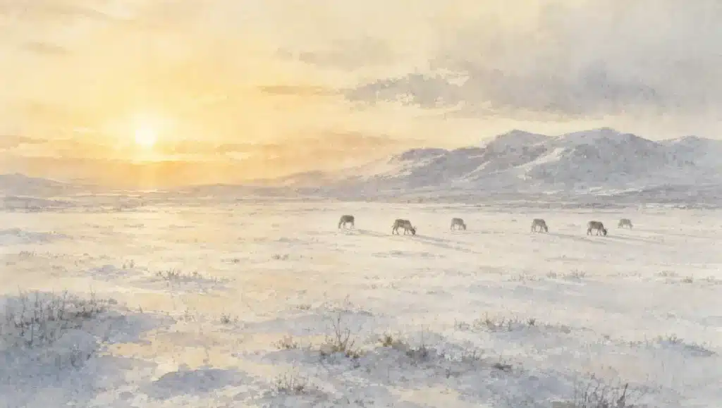Watercolour illustration of reindeer grazing across an open Arctic landscape in Sápmi