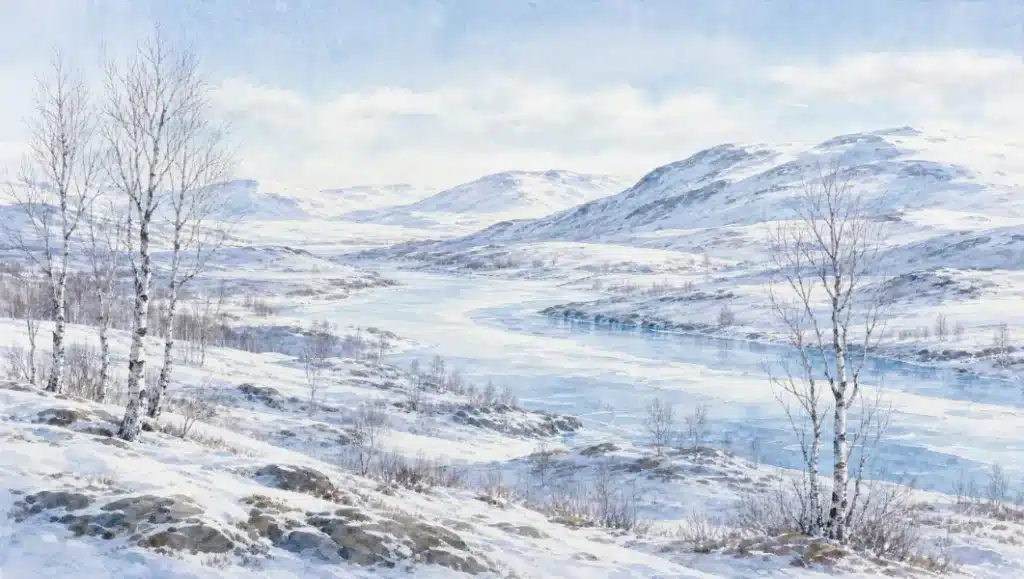 Watercolour illustration of the open Arctic landscape of Sápmi in northern Scandinavia